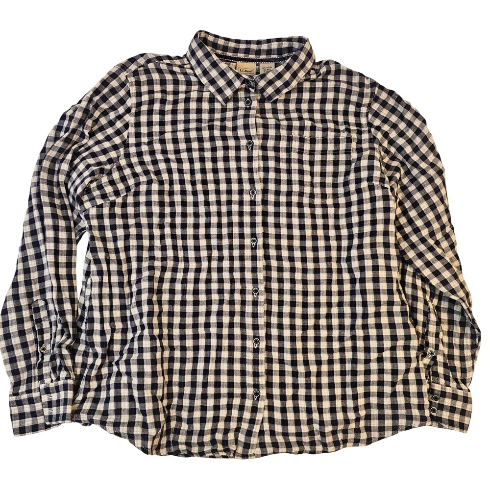 LL Bean Womens XL Regular Navy Blue Gingham Check Cotton Button Down Shirt KBR7
